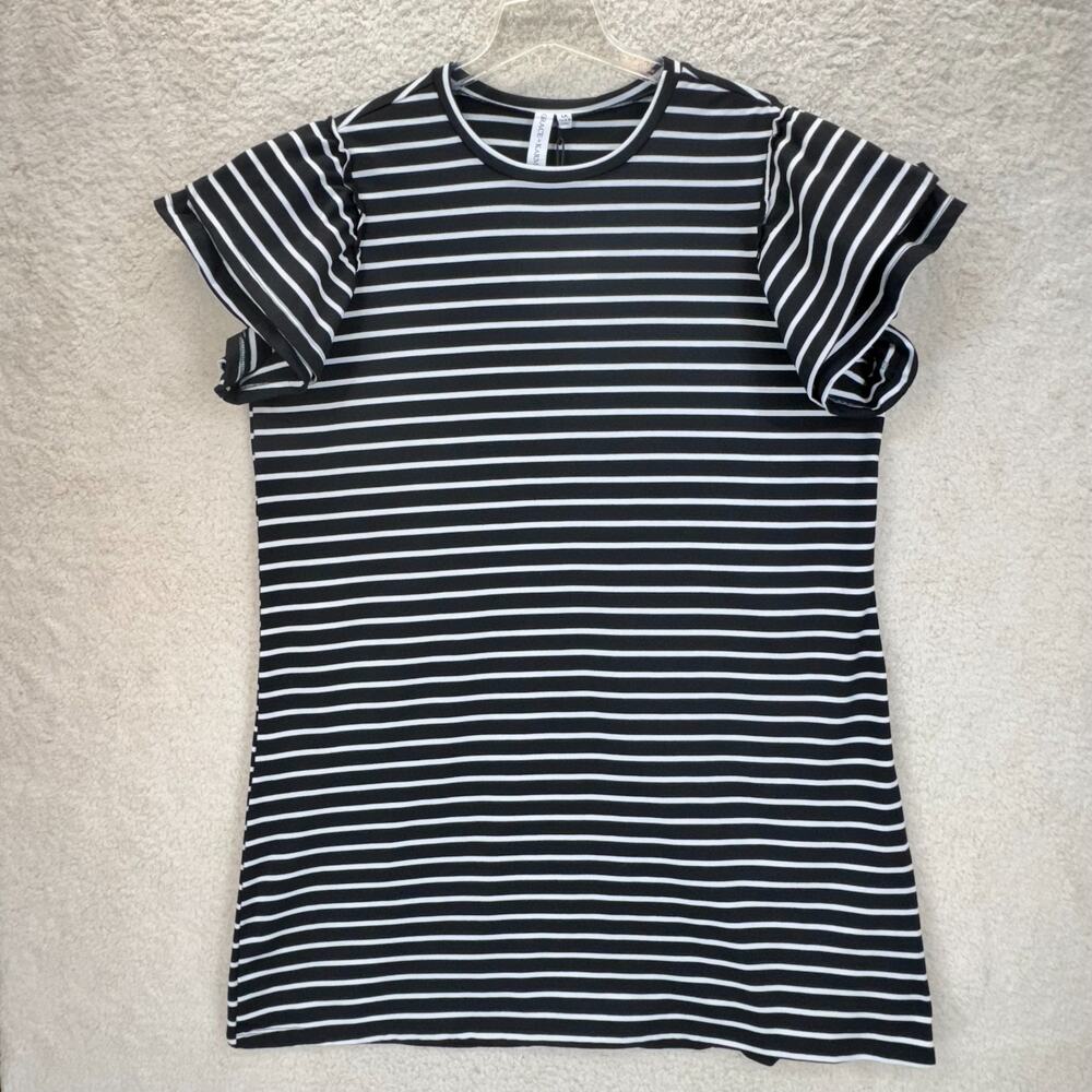 Grace Karma Black White Striped Crewneck T-Shirt Ruffle Cuffed Sleeves 1X